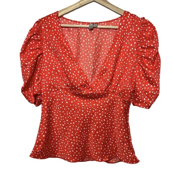 ASOS Tops - asos Women’s Top Blouse Size 6 Red V Neck Short Puff Sleeves Zipper